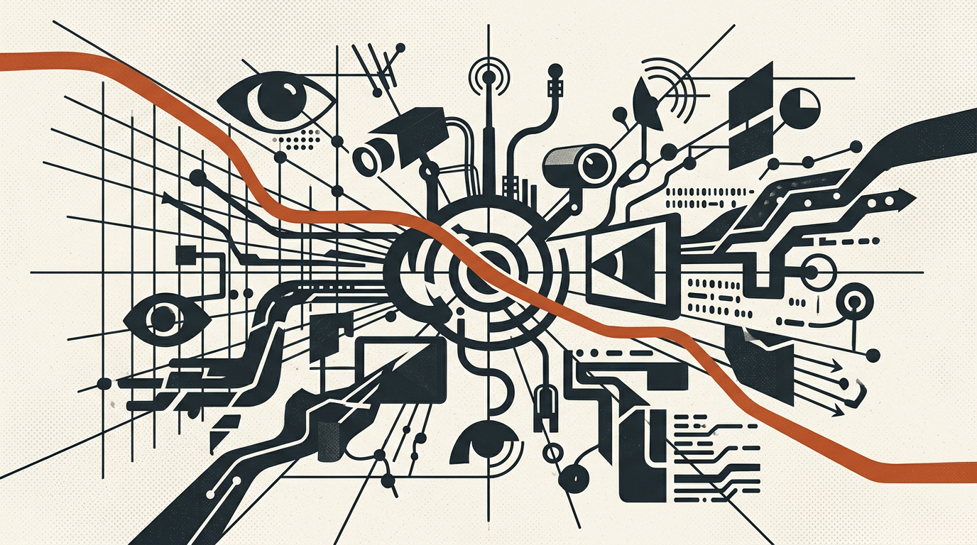 Abstract illustration of digital data monitoring featuring dark charcoal geometric shapes and a burnt orange accent on a light background.