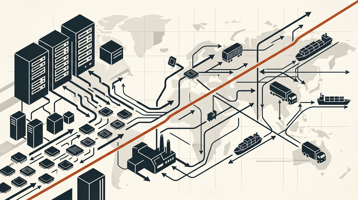 Abstract illustration of computer hardware and shipping routes in charcoal and burnt orange.