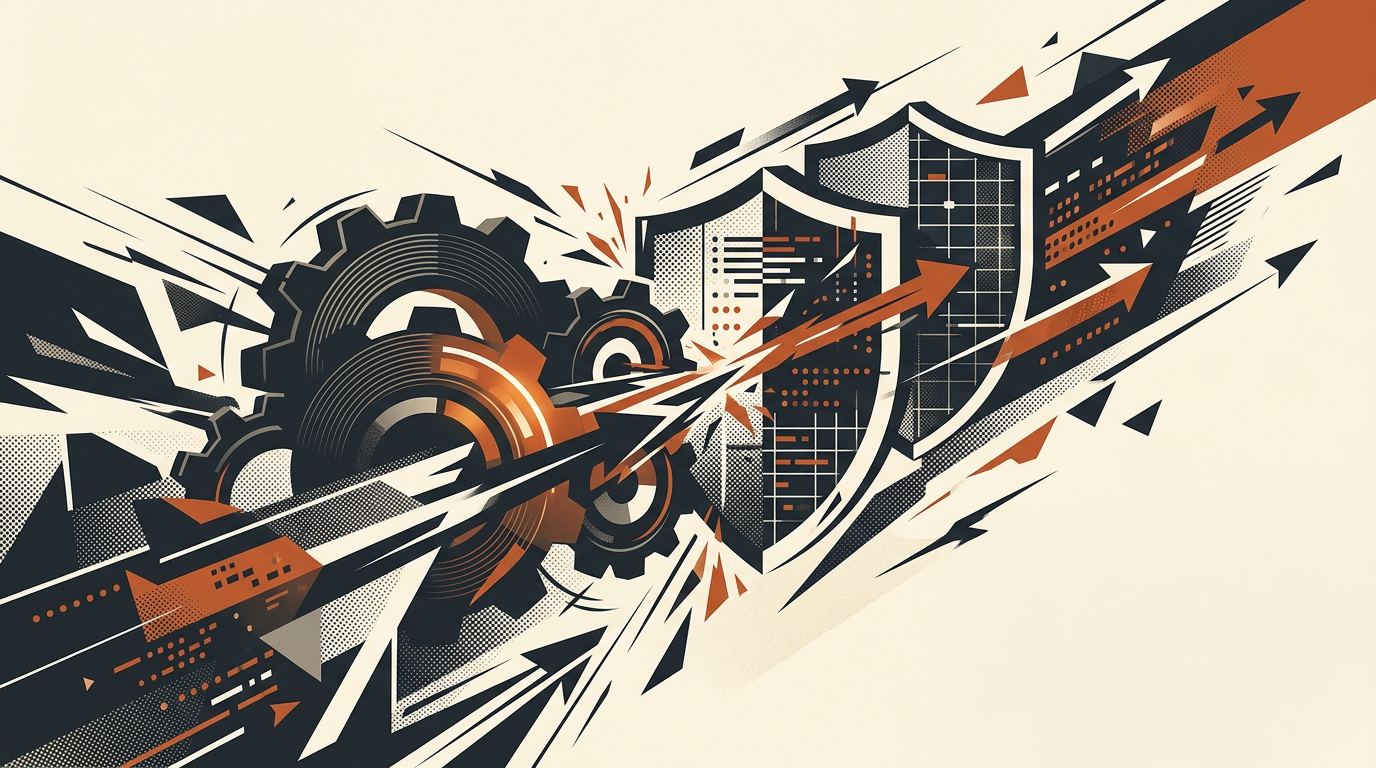 Abstract geometric illustration showing interlocking shapes and directional paths in charcoal and burnt-orange on an off-white background.