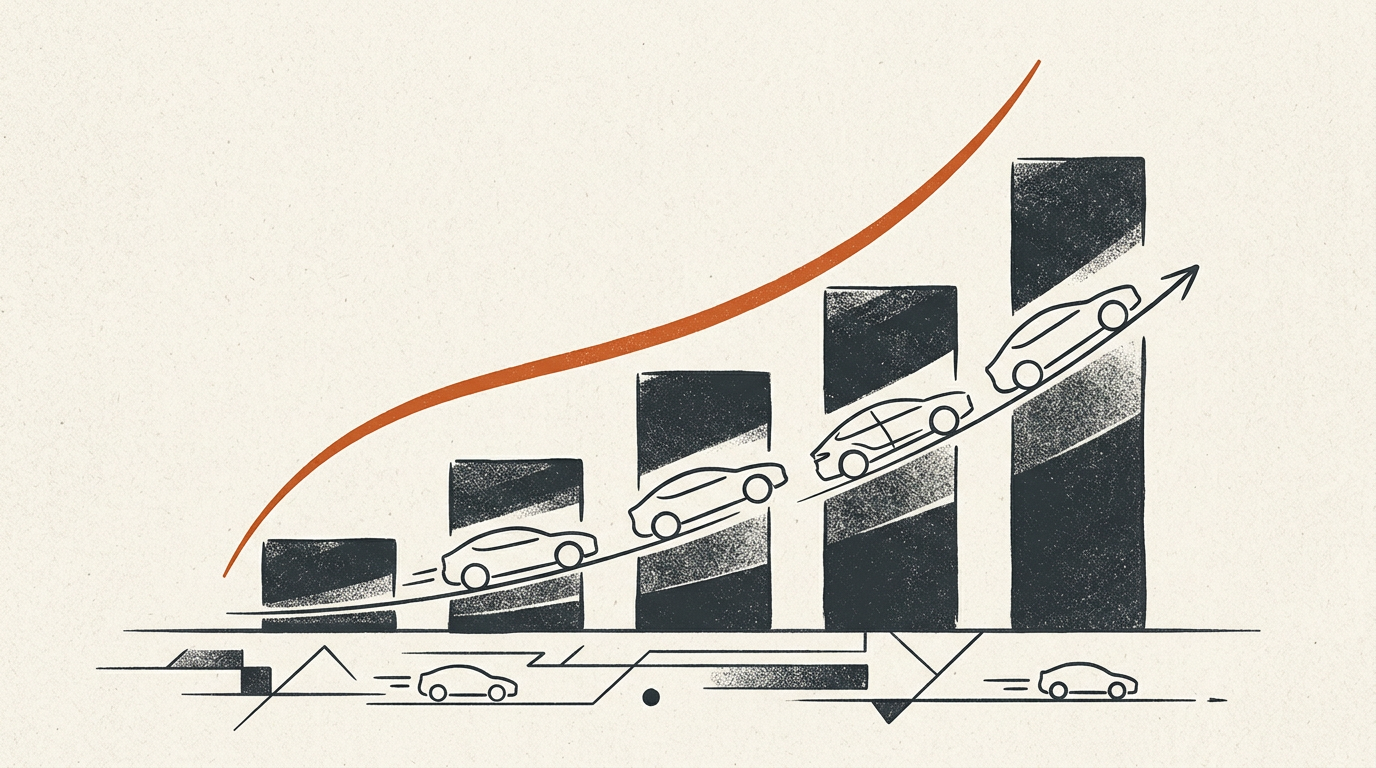 Minimalist abstract graphic showing car silhouettes and visual data charts in dark grey and burnt orange on an off-white background.