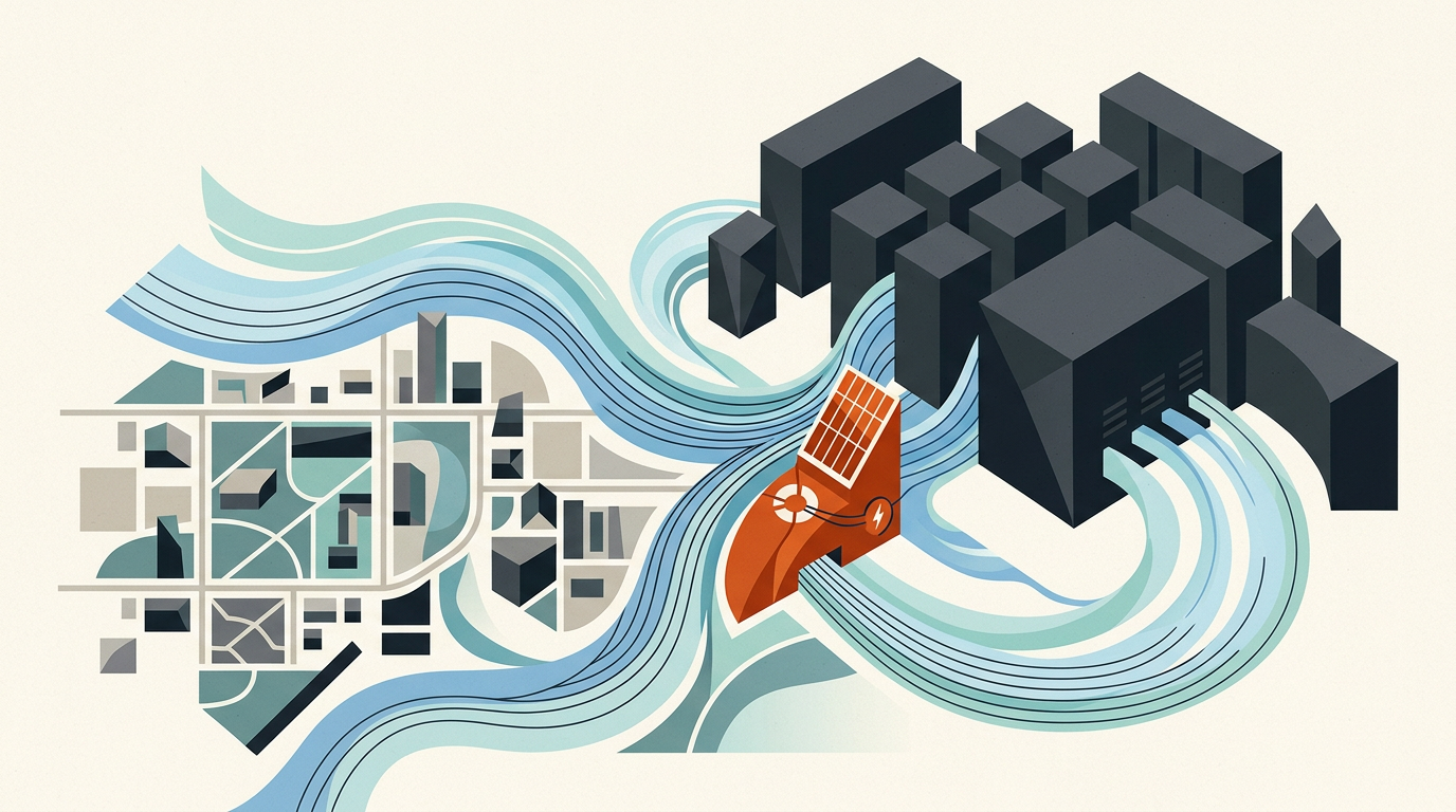 Abstract geometric illustration showing server building silhouettes and energy lines in charcoal and burnt orange.
