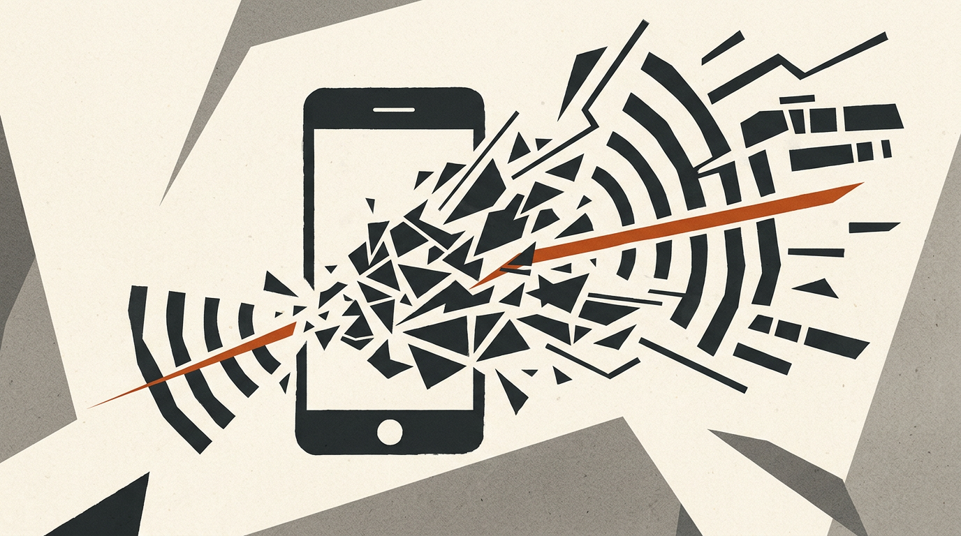 Abstract editorial illustration featuring geometric signal waves and a smartphone outline in charcoal and burnt orange.