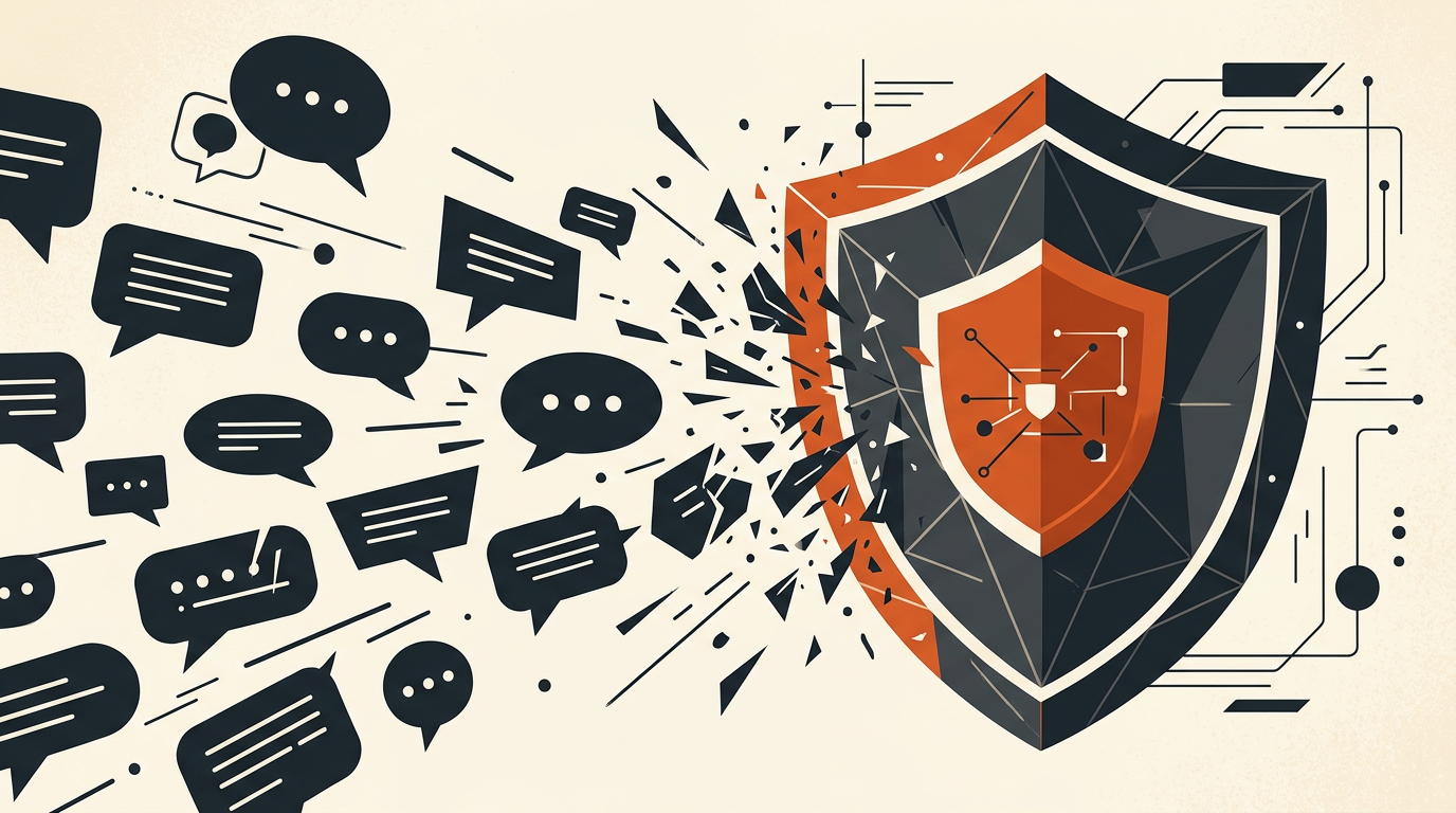 An abstract editorial illustration showing a protective shield blocking data streams
