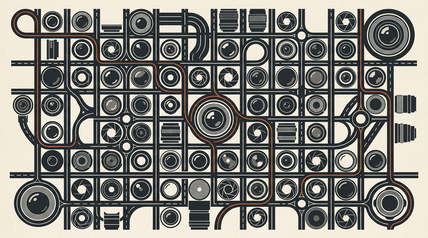 Abstract illustration of geometric cameras and road lines in charcoal and burnt orange
