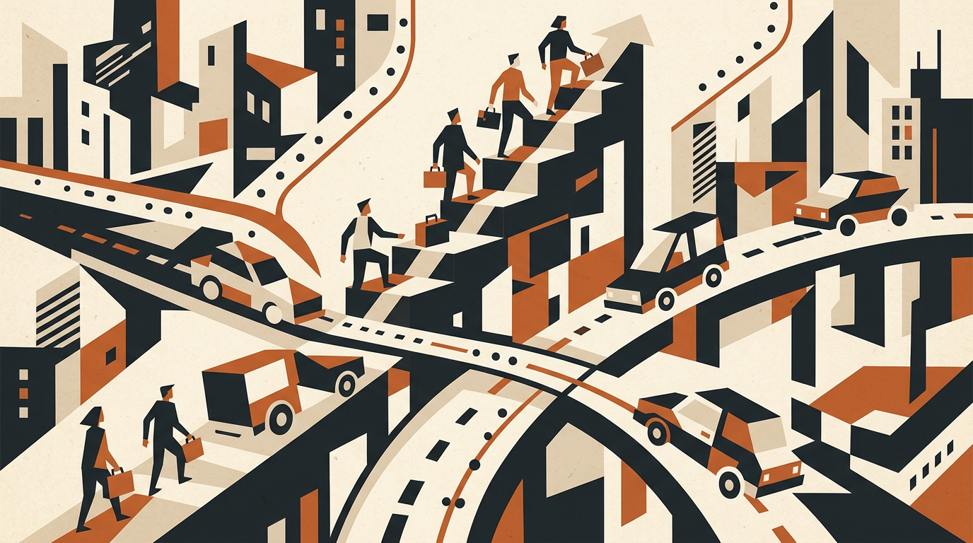 Abstract illustration of geometric roads and shapes in charcoal and burnt orange on an off-white background.
