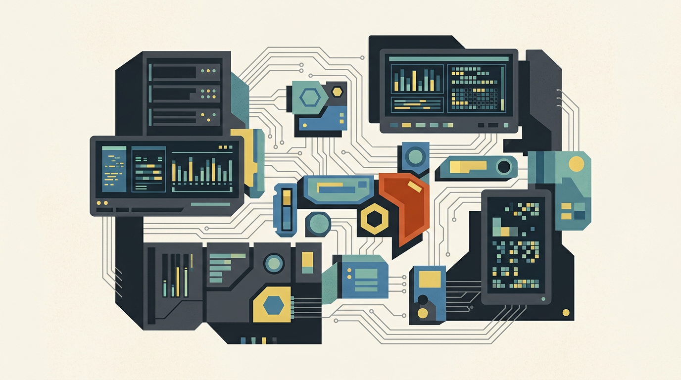 Abstract vector artwork depicting modular technology shapes and display panels in charcoal and burnt orange.
