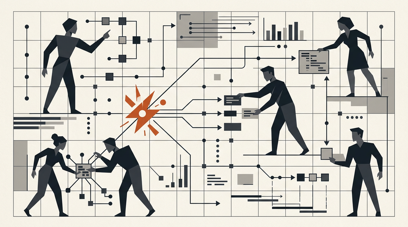 Abstract illustration of stylized geometric figures working within a structured grid on a warm background.