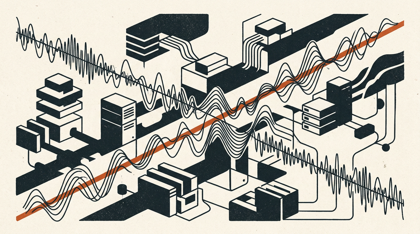 Abstract vector illustration of charcoal geometric shapes and a burnt-orange soundwave pattern on an off-white background.