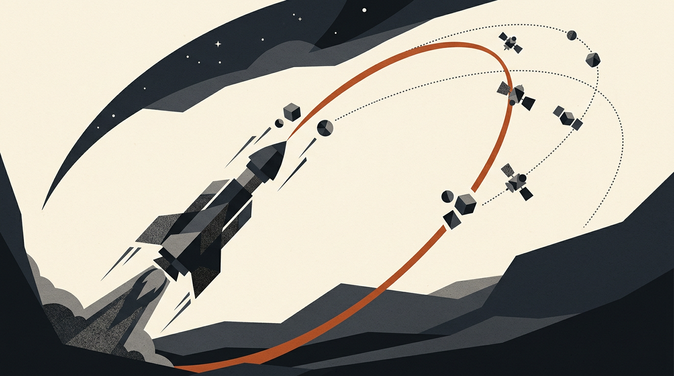 Minimalist vector illustration of a rocket trajectory entering orbit with geometric shapes against a warm background.