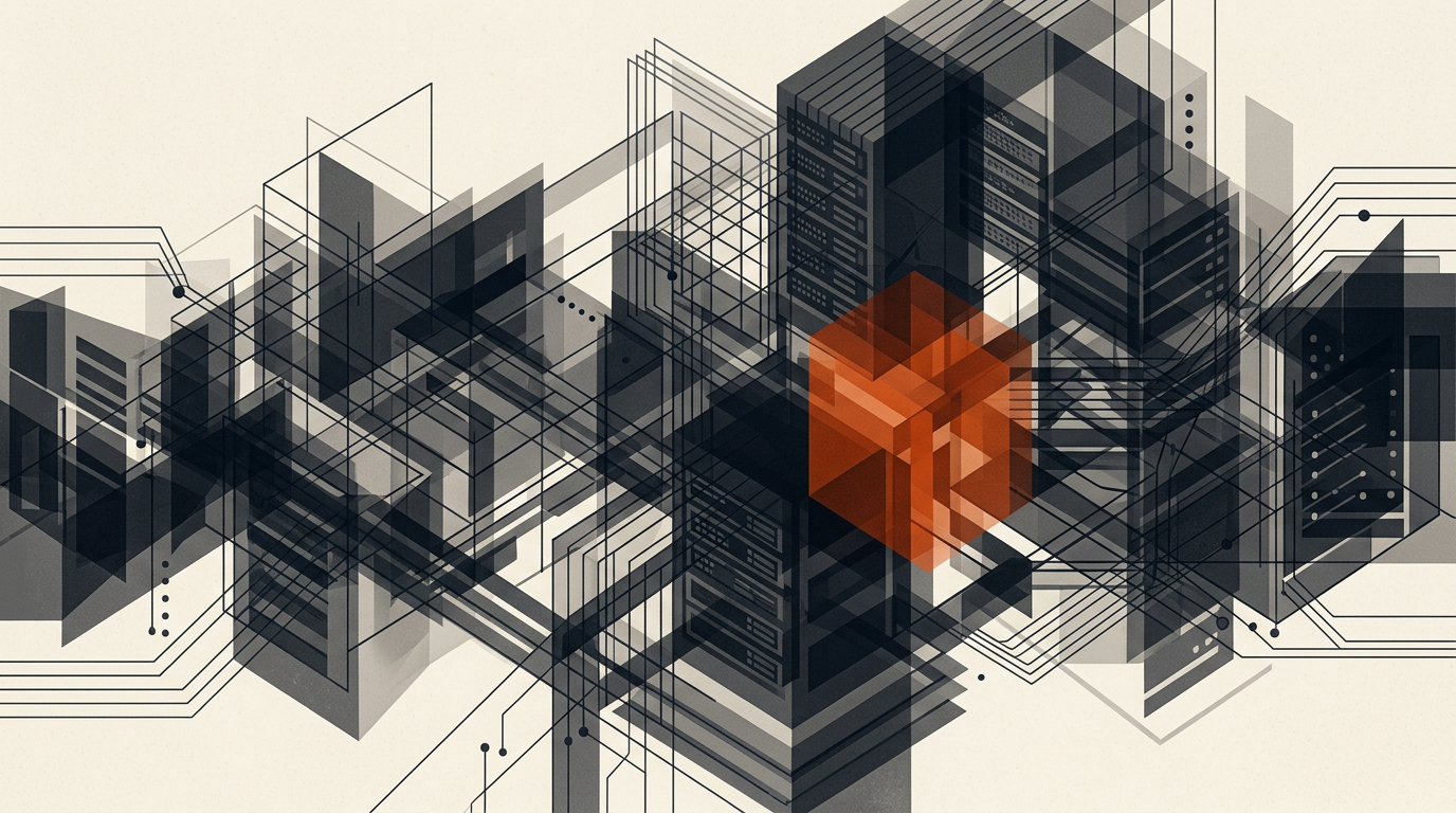Abstract illustration of geometric server shapes in charcoal and burnt orange on an off-white background