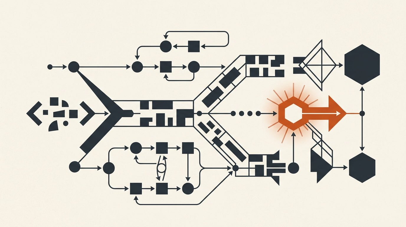 Abstract vector artwork featuring charcoal geometric lines and a burnt-orange accent on a warm off-white background.