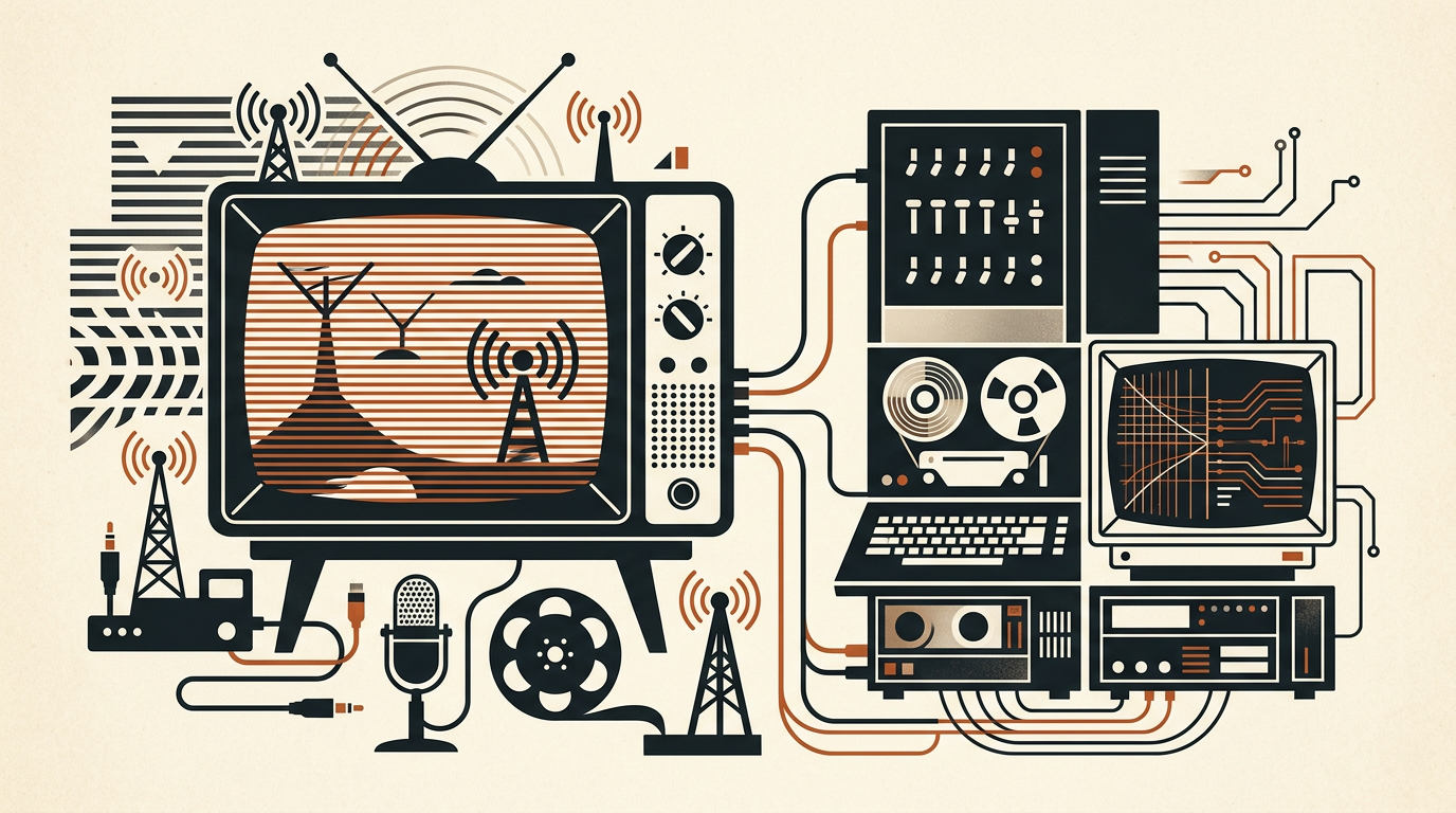 Abstract vector illustration of retro hardware silhouettes and broadcast lines in charcoal and burnt orange.
