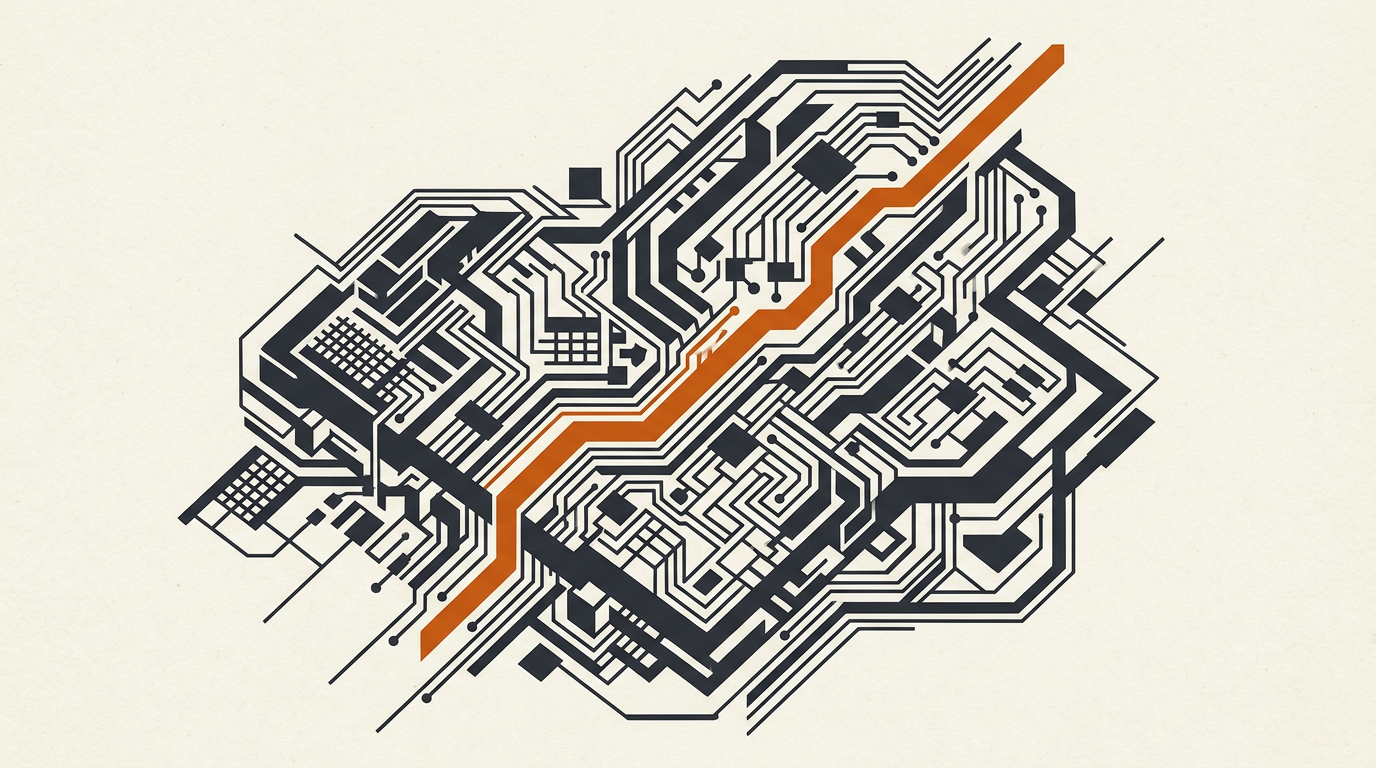 Abstract vector illustration of a microchip with circuit patterns in charcoal and burnt orange.