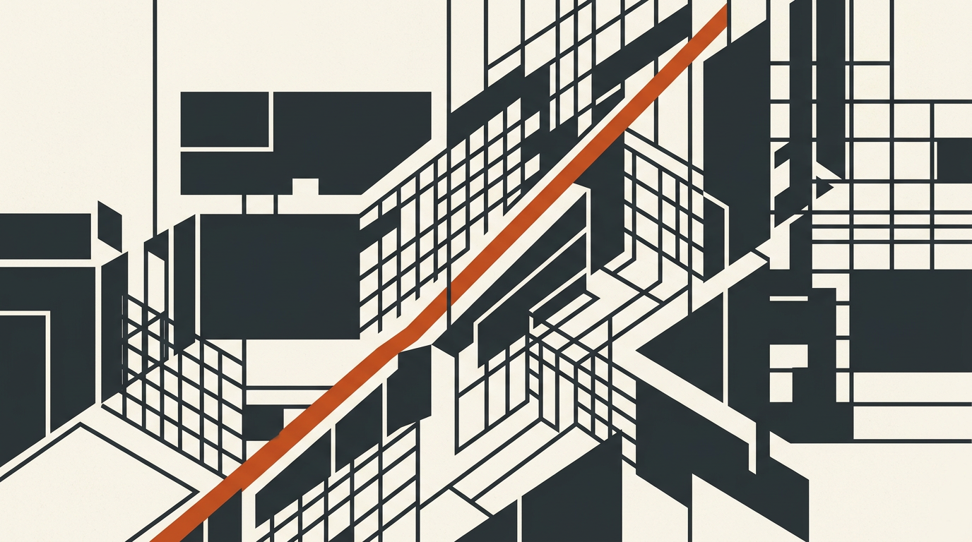Abstract geometric vector art with charcoal blocks and a burnt-orange line depicting structured safety controls.