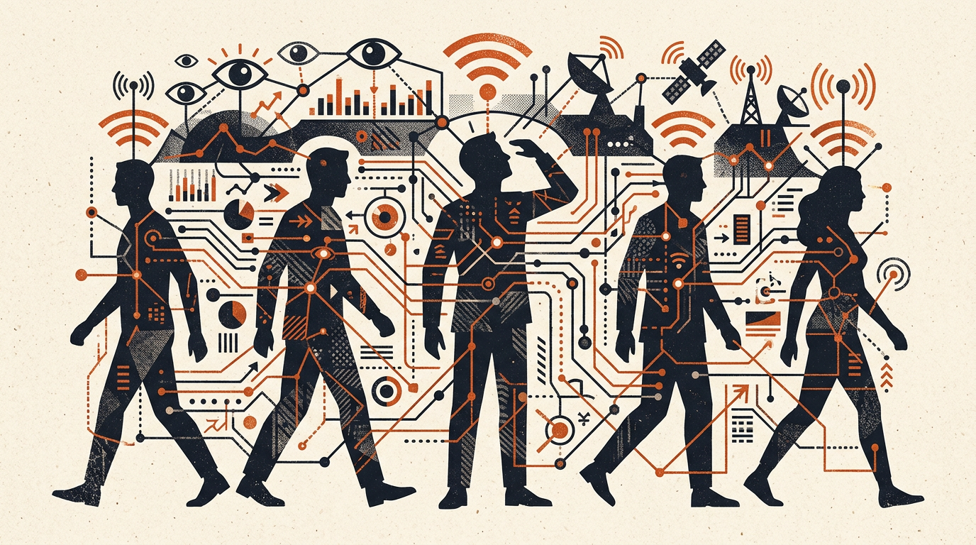 Abstract illustration of digital network patterns and dark silhouette figures against a warm background.