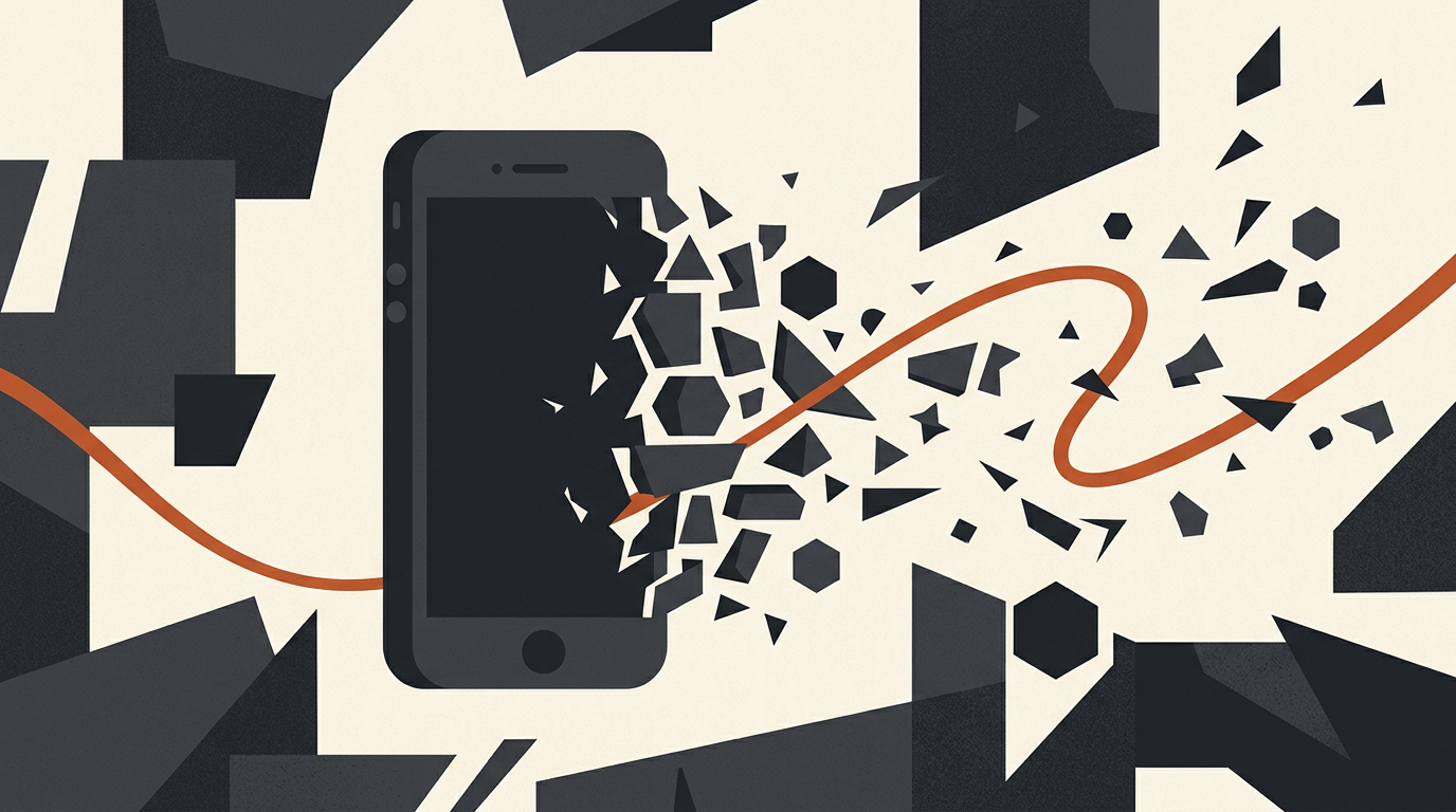 Abstract illustration of a mobile device breaking into geometric shapes in charcoal and burnt-orange on an off-white background.
