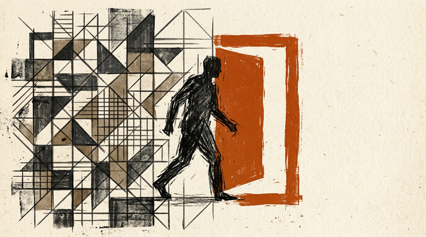 Abstract print illustration of a figure stepping away from a geometric grid through an orange door.