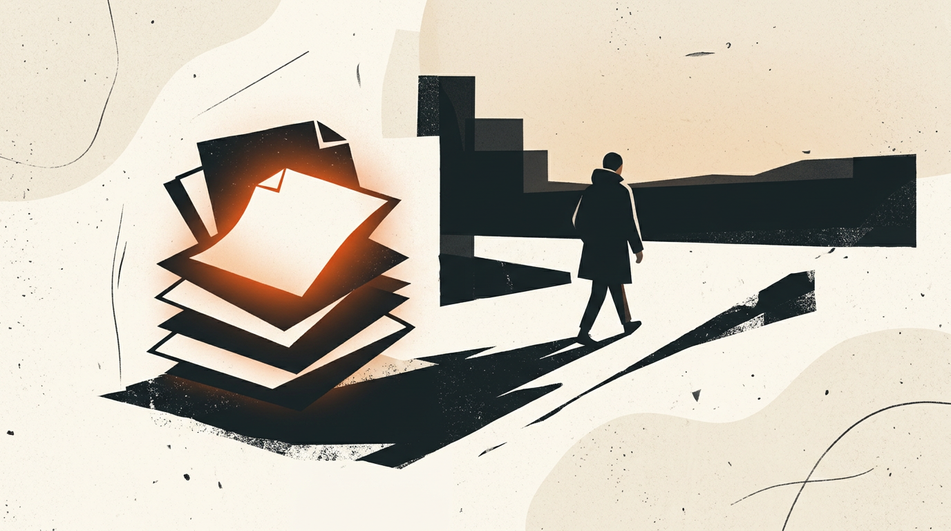 Abstract vector illustration of a figure walking away from paper documents on a charcoal and off-white background with orange accents.