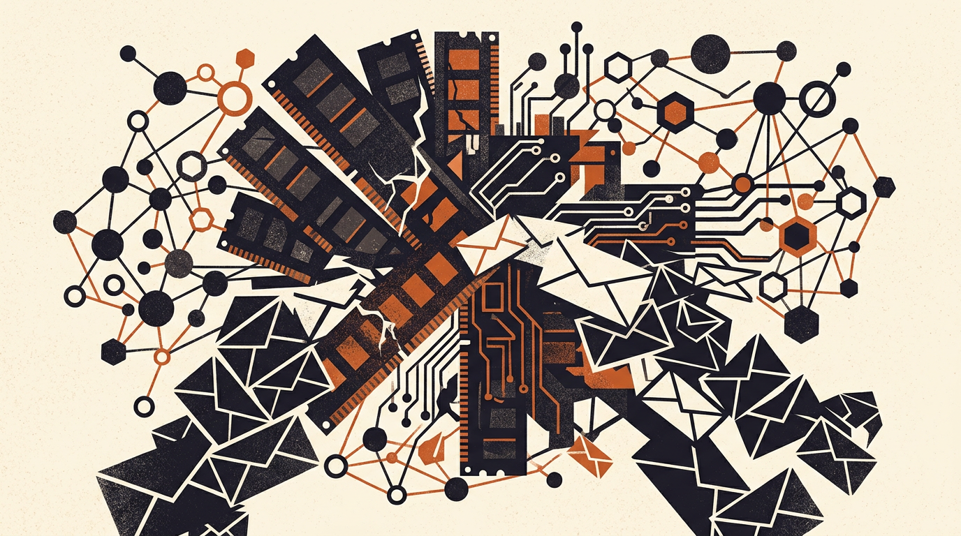 An abstract illustration showing geometric shapes, network nodes, and envelope patterns in charcoal and burnt orange on an off-white background