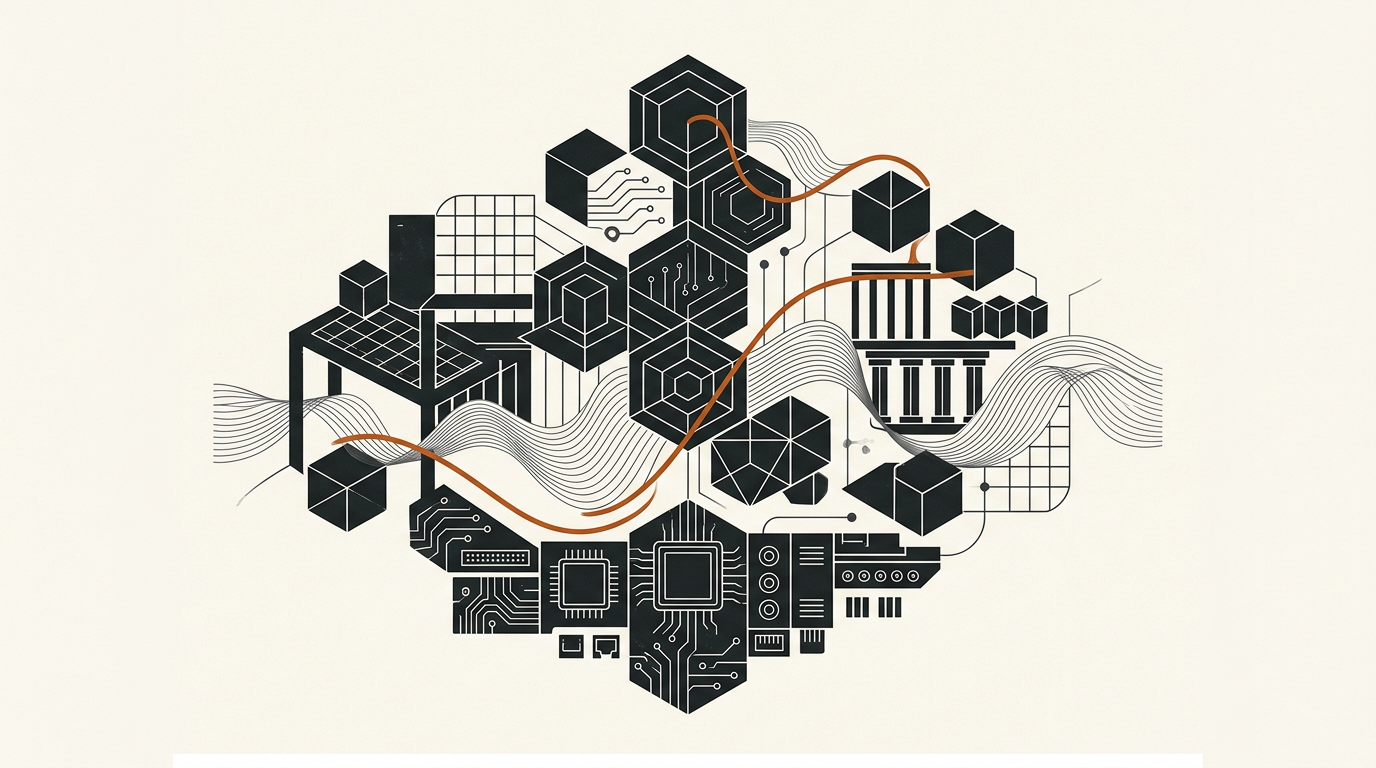 Abstract editorial vector art in charcoal and burnt orange on an off-white background.