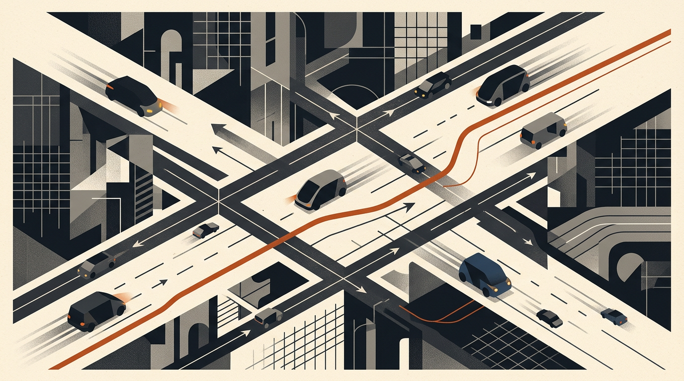 Abstract illustration of geometric autonomous transit paths on a warm background