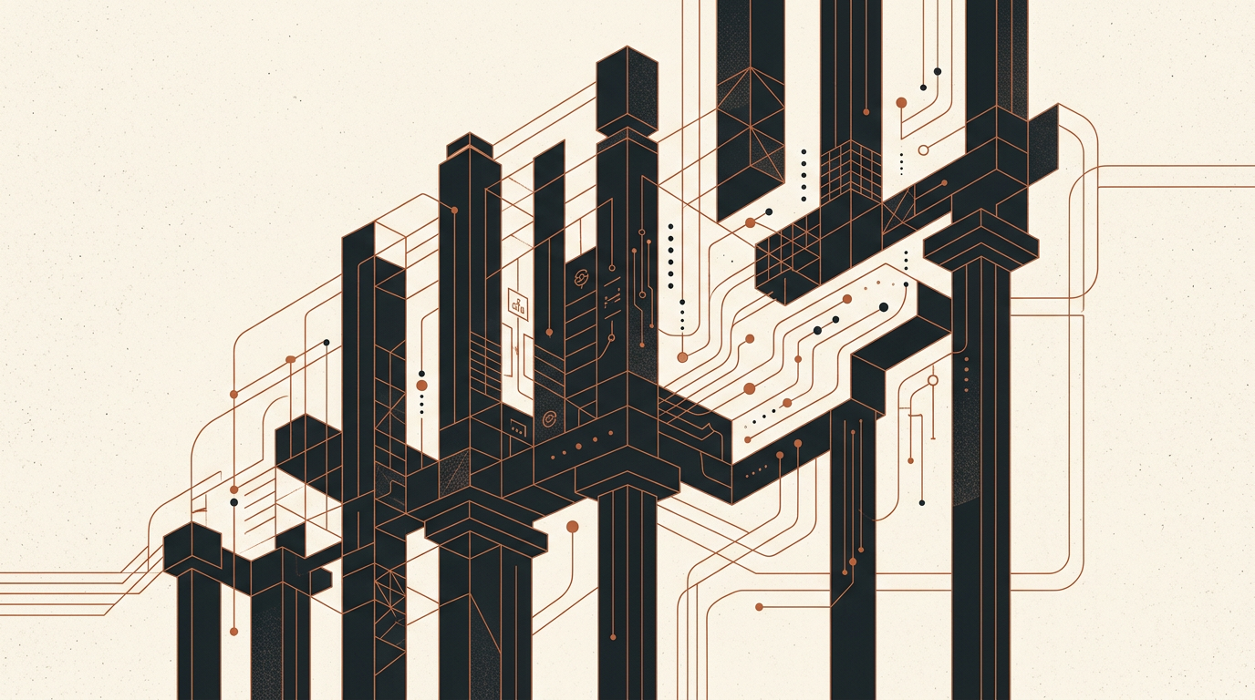 Abstract geometric shapes in charcoal and burnt orange symbolizing governance structure on an off-white background.