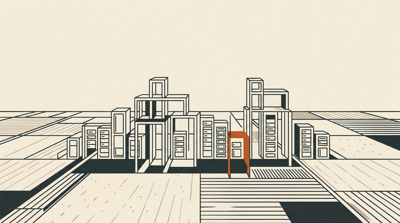 Abstract illustration of data center structures in a rural grid with charcoal and burnt orange tones