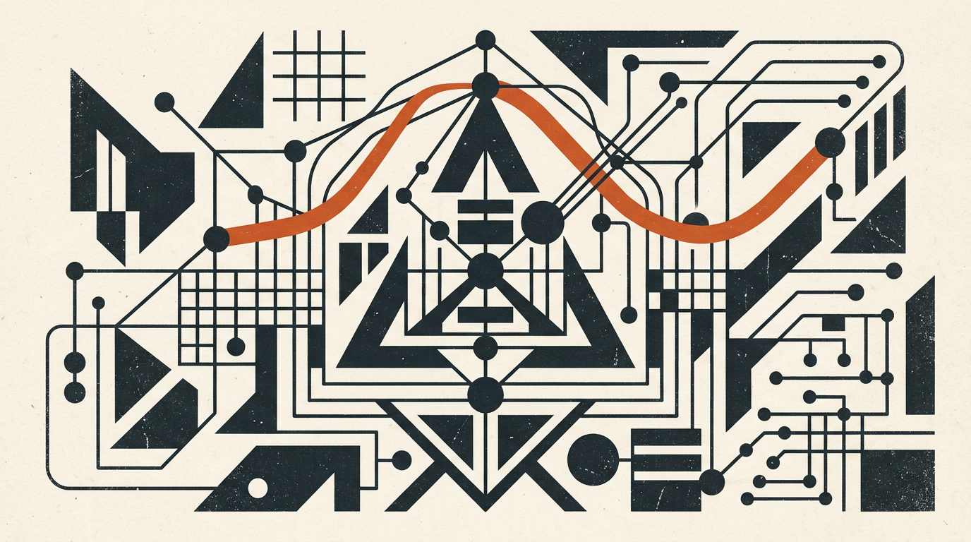 Abstract geometric illustration with charcoal shapes and a burnt orange accent line on an off-white textured background.