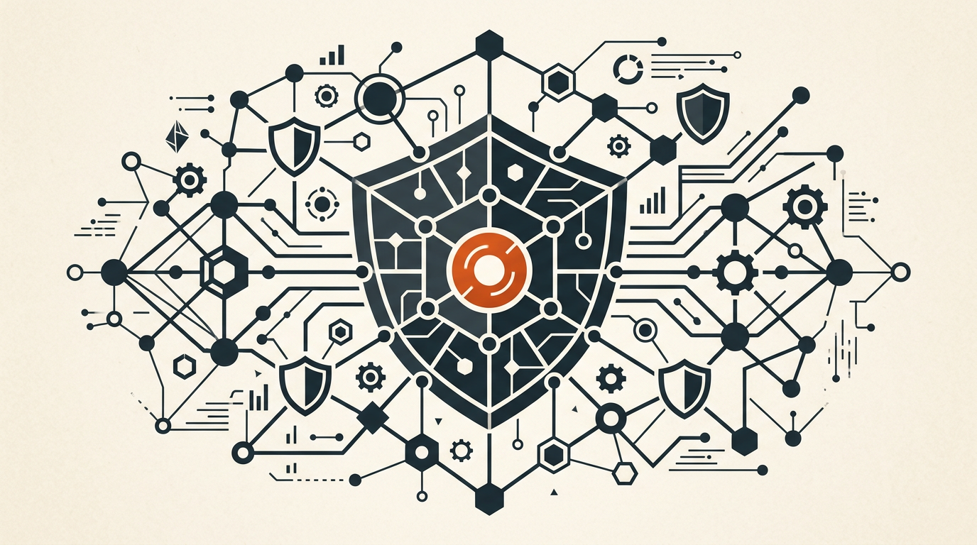 Abstract geometric illustration representing AI safety policy in charcoal and burnt orange on off-white.