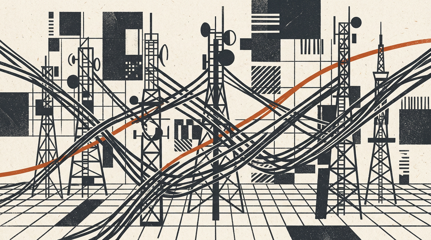 Abstract illustration of signal towers and cable networks in charcoal and burnt orange.