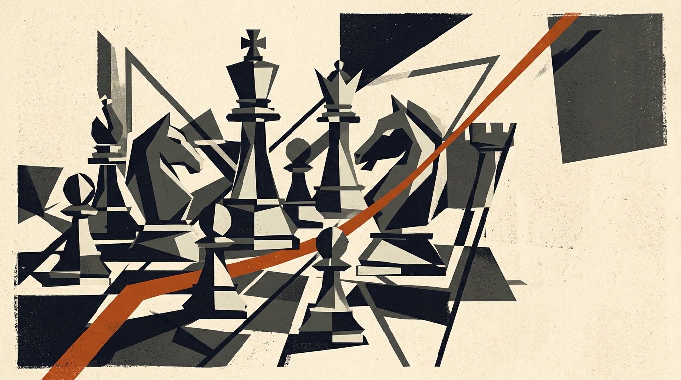 Abstract editorial illustration featuring geometric shapes in charcoal and burnt orange on an off-white background.