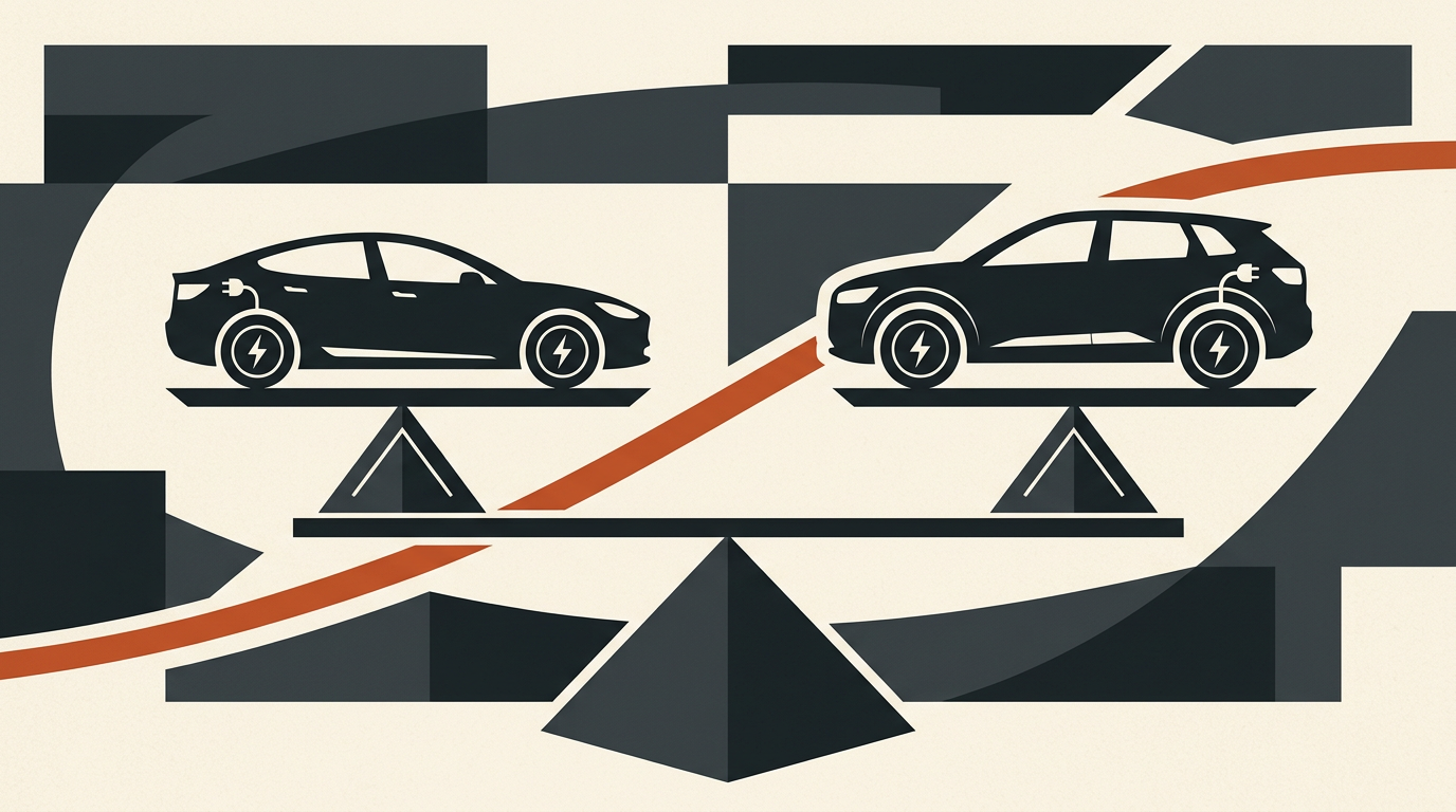 Abstract graphic of geometric scale balance with minimalist car silhouettes in charcoal and burnt orange.