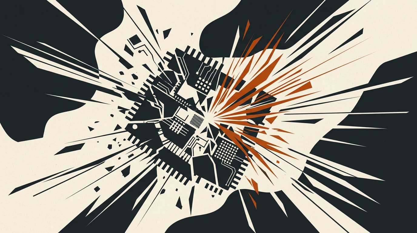 Abstract vector illustration of glowing geometric microchip shapes in charcoal and burnt orange on an off-white background.