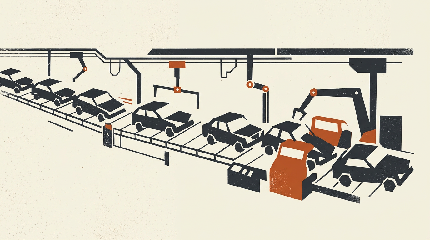 Abstract graphic illustration depicting a stylized automotive assembly line in deep charcoal and burnt orange tones.