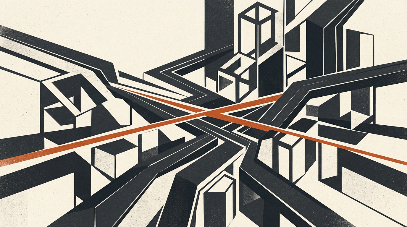 Abstract geometric shapes in charcoal and burnt orange over an off-white background symbolizing tech industry alignment