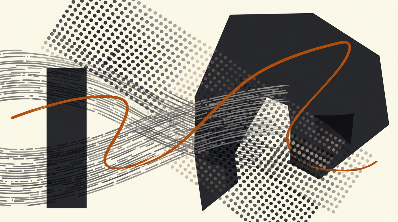 Abstract illustration featuring charcoal geometric shapes and a burnt-orange line over a warm off-white background with subtle dotted grid patterns.