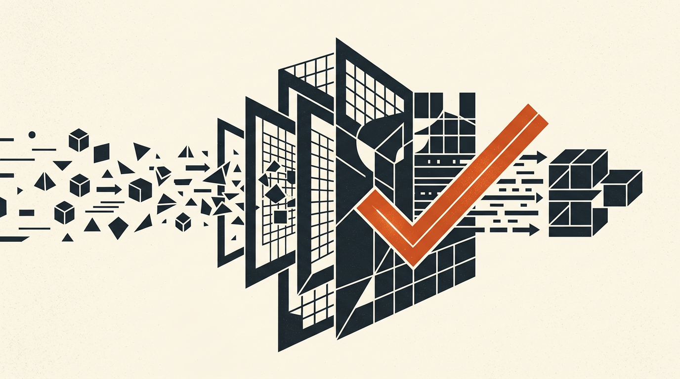 Abstract vector illustration with charcoal geometric shapes and a burnt-orange accent on a warm off-white background.