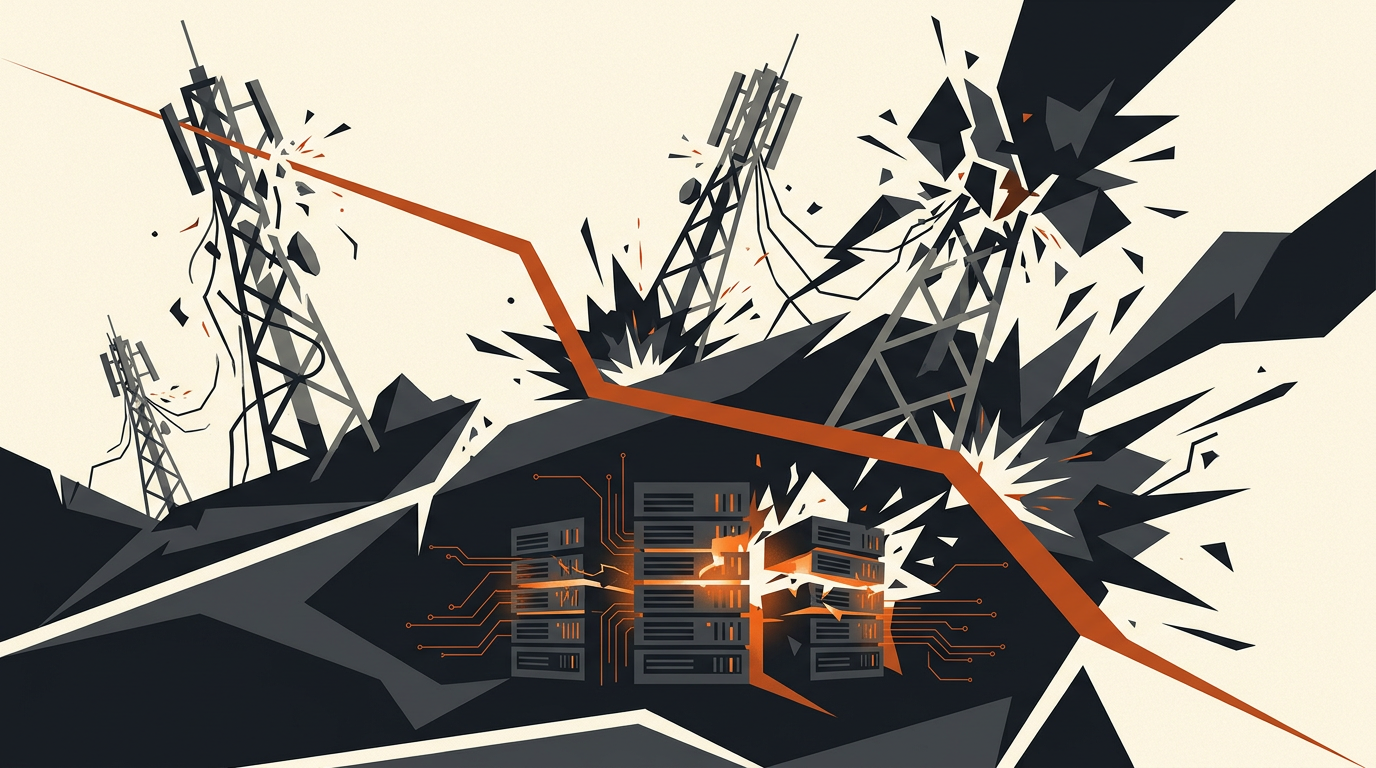 Abstract illustration of server racks and communication towers in charcoal and burnt orange on an off-white background