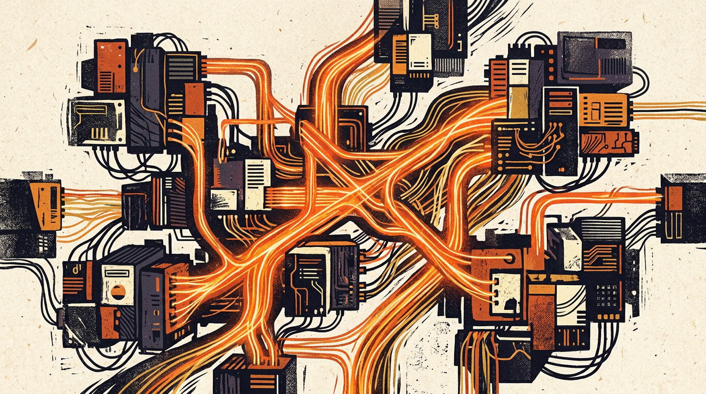 Abstract illustration of dark server nodes connected by burnt-orange lines on a warm off-white background.