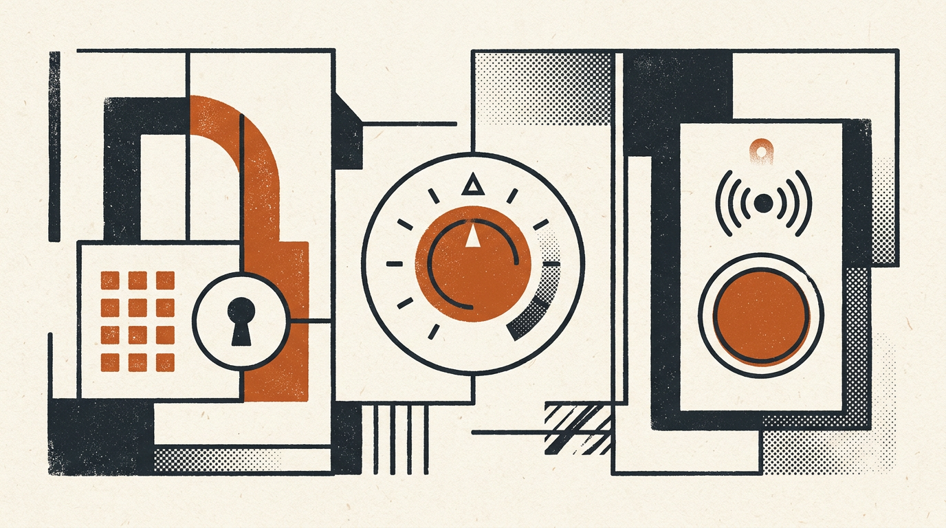 Abstract geometric illustration of smart home components including a lock, thermostat, and doorbell.