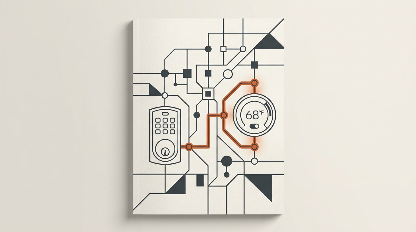 Abstract geometric illustration representing smart home connectivity in dark charcoal and burnt orange on an off-white background.