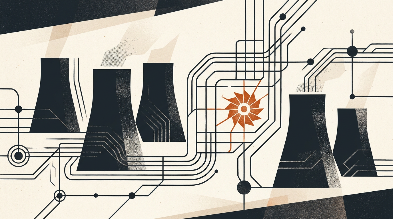 Abstract illustration of nuclear power plant silhouettes connected by energy lines in charcoal and burnt orange.