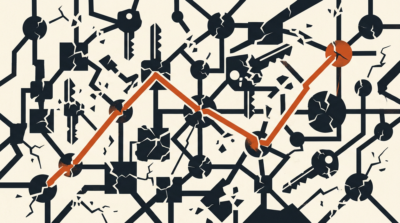 Abstract vector illustration of broken digital network nodes and cryptographic keys in charcoal and burnt orange on an off-white background.