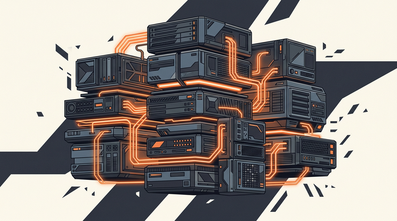 Abstract illustration of modular server stacks in charcoal and burnt orange on a beige background