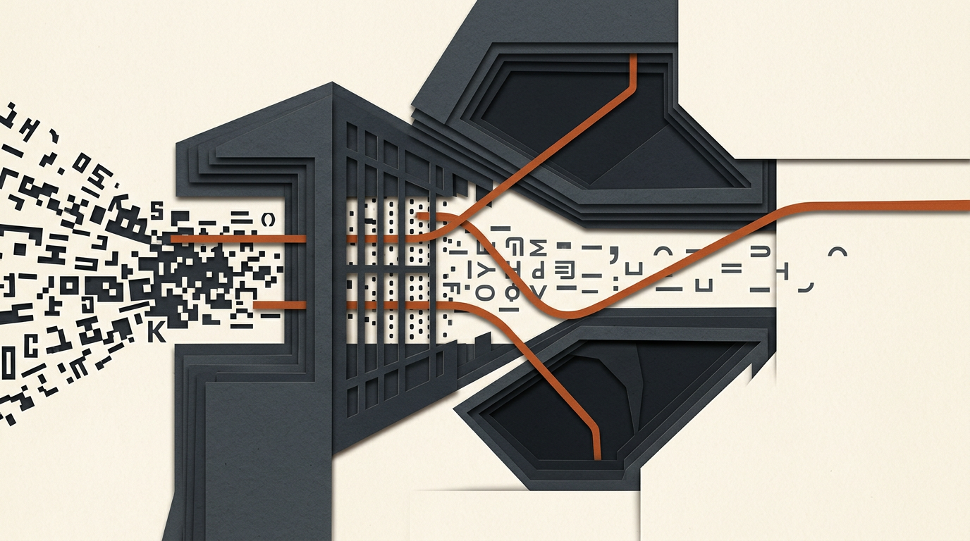 Abstract editorial illustration featuring structured charcoal and burnt orange shapes on an off-white background.