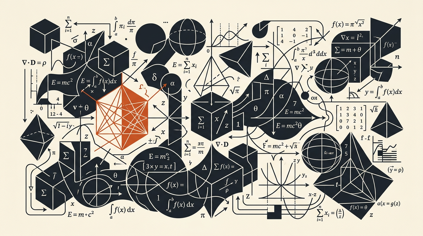 Abstract vector illustration of geometric shapes and mathematical equations on a neutral background.