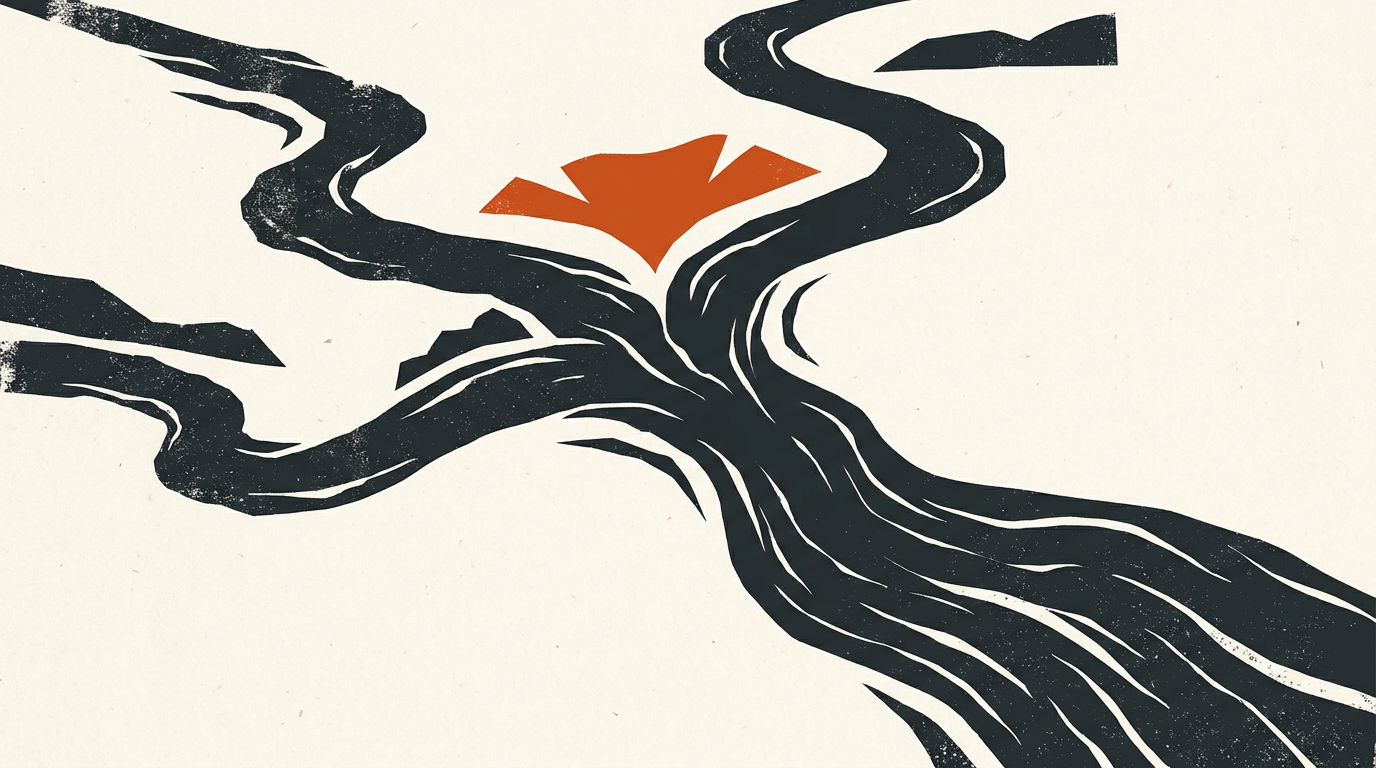 Abstract illustration of three charcoal and burnt-orange geometric streams converging into one.