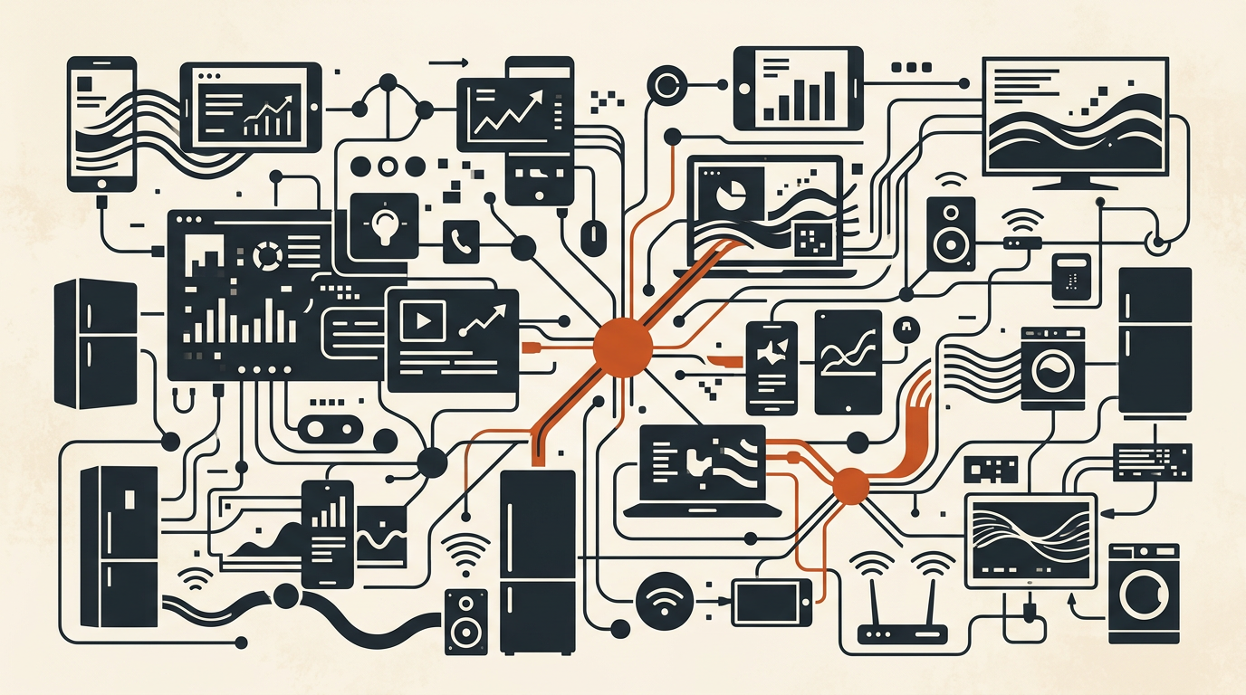 Abstract geometric shapes representing tech ecosystem convergence in charcoal and burnt orange on an off-white background.