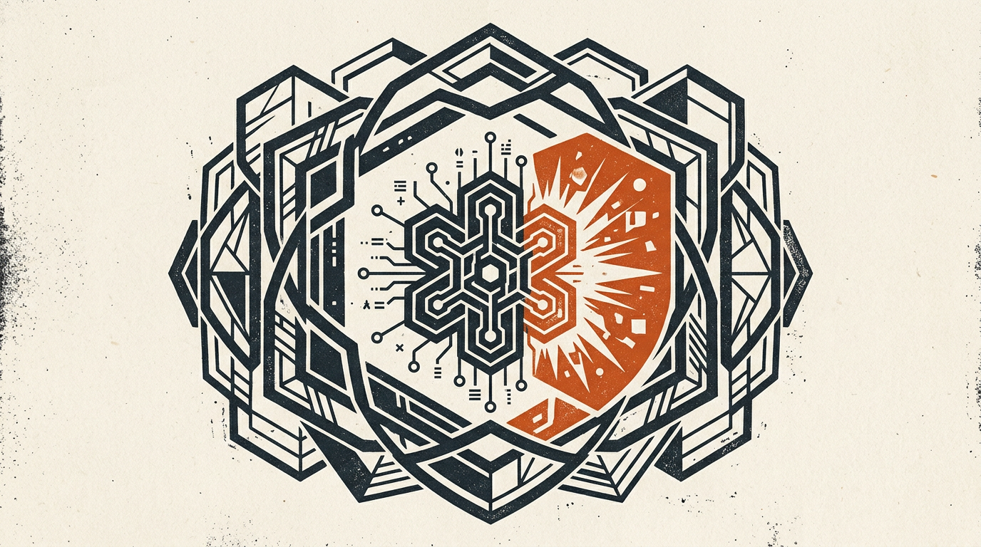 Abstract graphic featuring geometric shapes in charcoal and burnt orange on a light background.
