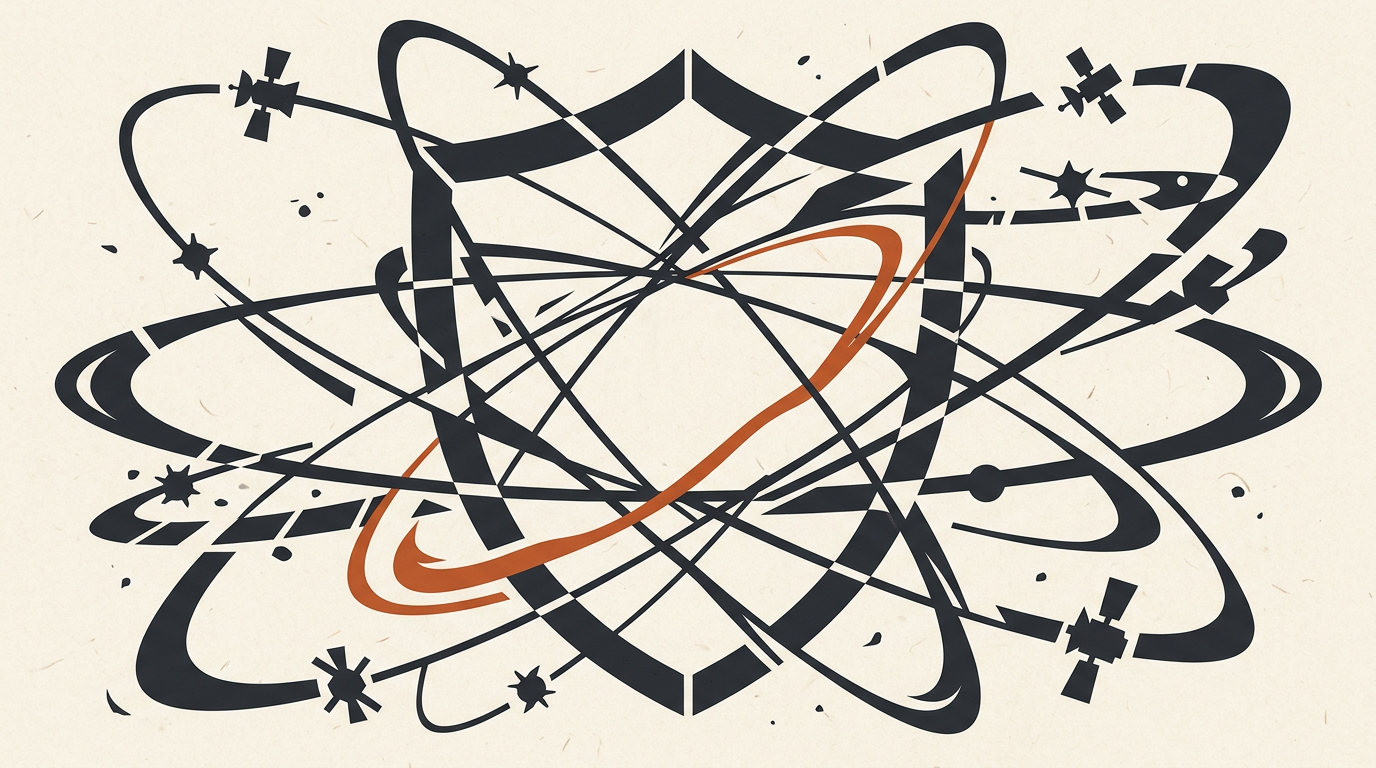 Abstract vector artwork depicting satellite orbital lines passing through a protective shield icon on a textured background.
